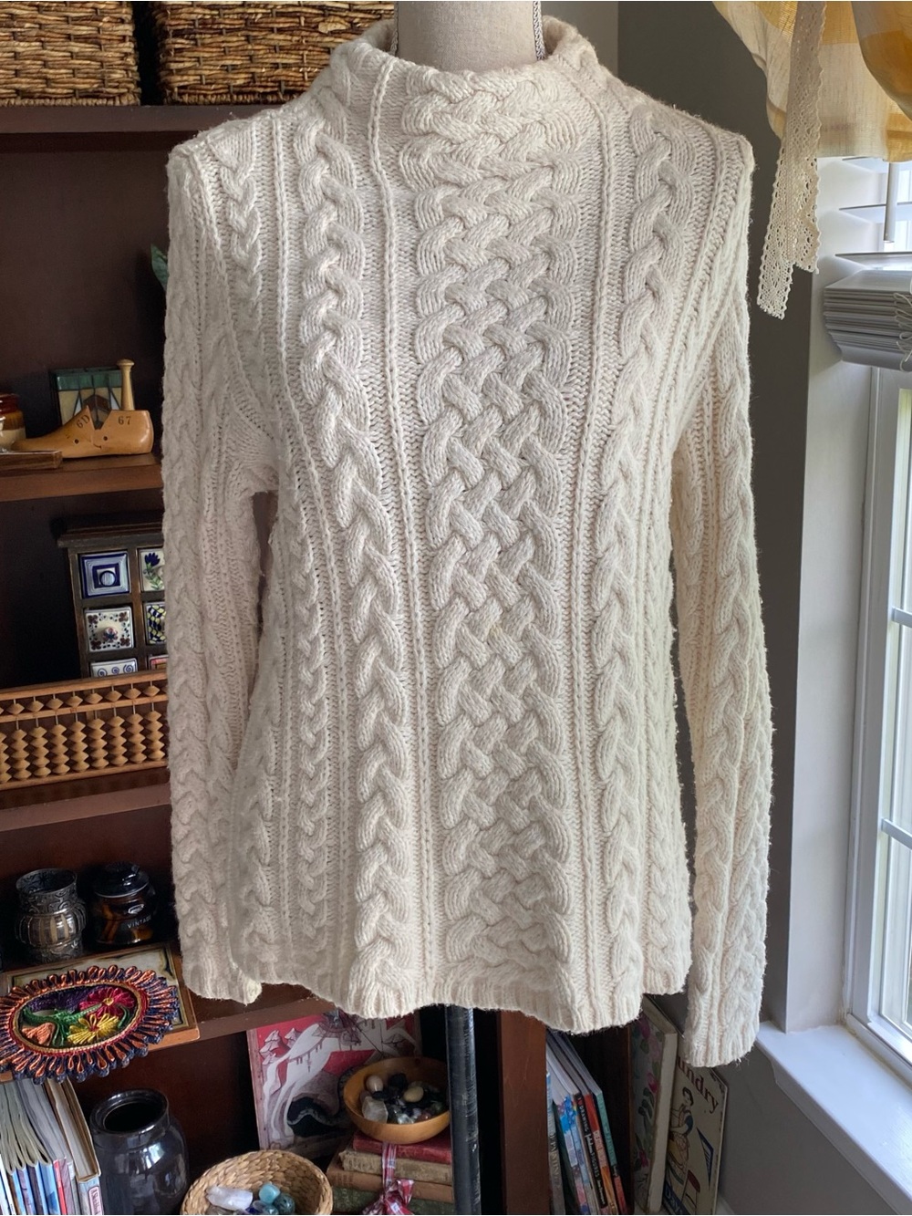 Lands End Classic Cable Knit Mock Neck Ivory Fisherman’s Sweater - Cream Medium